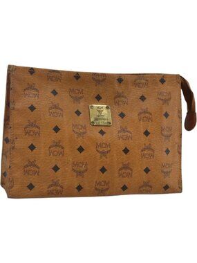 MCM Logogram Vicetos Clutch Bag PVC Leather Brown Gold